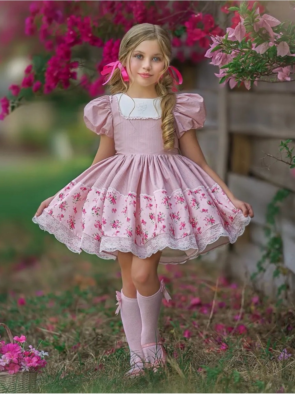 Dollcake Pink Floral Puff Sleeve Cotton Dress with Lace